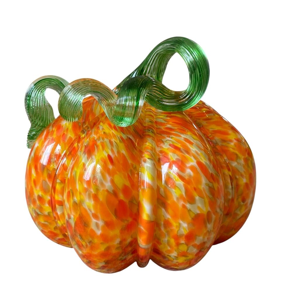 Hand Blown Art Glass Pumpkin Orange Speckled Green Stem Fall Home Decor New